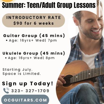 OC Guitars - Introductory Beginning Guitar and Ukulele Group Lessons for Summer Begin July 8, 2026
Space is limited. - Musical Instruments & Teachers Near Me OC Guitars - Introductory Beginning Guitar and Ukulele Group Lessons for Summer Begin July 8, 2026
Space is limited. - Musical Instruments & Teachers Near Me