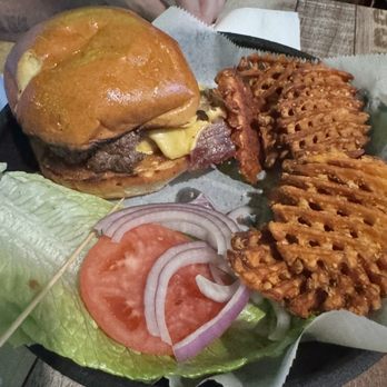 The Chubby Pickle - smash burger with cheddar and sweet potato fries - Sports Bars Near Me - Highlands, New Jersey The Chubby Pickle - smash burger with cheddar and sweet potato fries - Sports Bars Near Me - Highlands, New Jersey