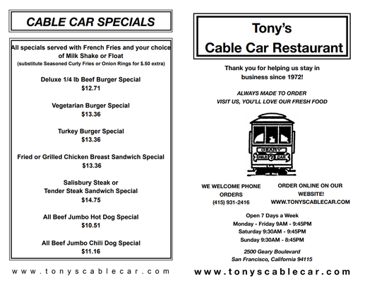 Menu photo 7 Tony's Cable Car Restaurant San Francisco, CA