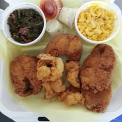 E & J Seafood - Combo Special Fish and Shrimp w/Collard Greens and Mac n Cheese.