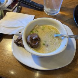 Potatoe soup and bread blooming onion very good service from the waiter was so courteous Potatoe soup and bread blooming onion very good service from the waiter was so courteous