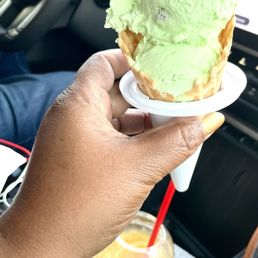 Pistachio on a Waffle Cone and mango freeze Pistachio on a Waffle Cone and mango freeze