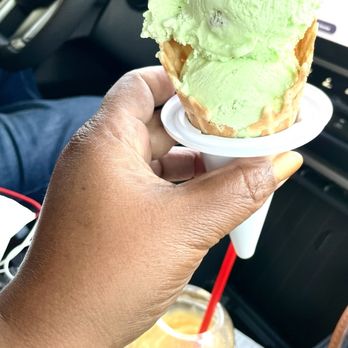 Bruster's Real Ice Cream - Pistachio on a Waffle Cone and mango freeze - Desserts Near Me - Vestavia, Alabama Bruster's Real Ice Cream - Pistachio on a Waffle Cone and mango freeze - Desserts Near Me - Vestavia, Alabama