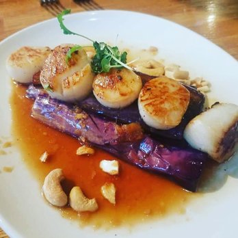 Fishworks - Seared scallops on a bed of roasted eggplant with a delicious Asian-inspired glaze! - Seafood Near Me - North Vancouver, British Columbia Fishworks - Seared scallops on a bed of roasted eggplant with a delicious Asian-inspired glaze! - Seafood Near Me - North Vancouver, British Columbia