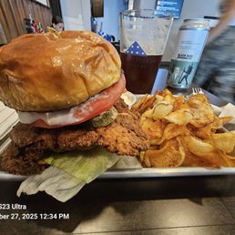 Chicken filet with fried pickles, fried jalapeños and red onion jam.