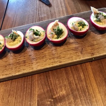 Finch & Fork - Deviled eggs were tasty! They get the color from being in beet juice! - New American Near Me - Santa Barbara, California Finch & Fork - Deviled eggs were tasty! They get the color from being in beet juice! - New American Near Me - Santa Barbara, California