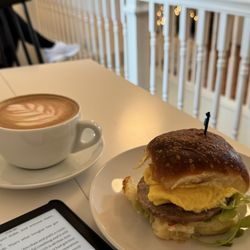 June’s Breakfast + Patio - Breakfast sandwich & peppermint mocha