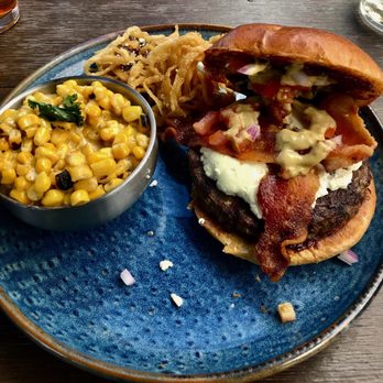 Eureka! - Fresno Fig Burger with a must try side of Truffle Corn: Whole kernel corn in a truffle & herb cream sauce with a hit of spice. - American Near Me - Fresno, California