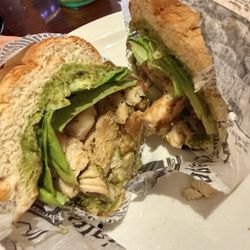 Chicken pesto sandwich (with a homemade roll and hydroponic lettuce!)