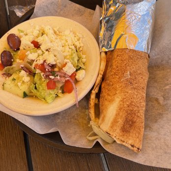 Laziza Mediterranean Grill - Evans  - Beef kebab wrap with side Greek salad - Middle Eastern Near Me - Evans, Georgia