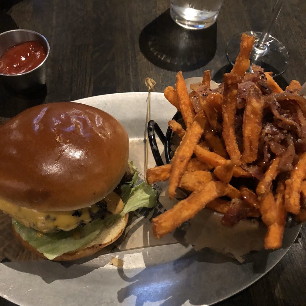 Bricktown Brewery - Uber Cheeseburger (minus tomato) and Sweet Potato Fries with sea salt, caramel and bacon...yum! - Breweries Near Me - Springfield, Missouri Bricktown Brewery - Uber Cheeseburger (minus tomato) and Sweet Potato Fries with sea salt, caramel and bacon...yum! - Breweries Near Me - Springfield, Missouri