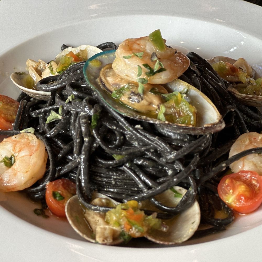 Seafood squid ink linguine.