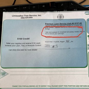 Limbwalker Tree Service - Here it says they either spot treated or can, but the service tech said they don't. - Tree Services Near Me - Louisville, Kentucky