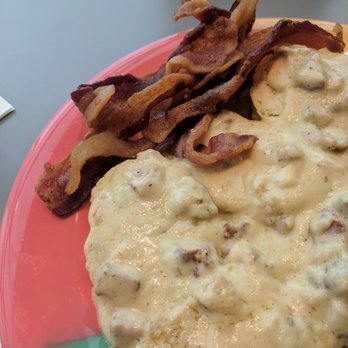 The Breakfast Klub - $13.99 for biscuits and gravy with a side of bacon - Southern Near Me - Houston, Texas