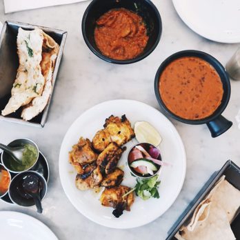 Dishoom - Some appetizer curry with bread, chicken tikka, their famous curry, garlic naan - Indian Near Me - London, XGL