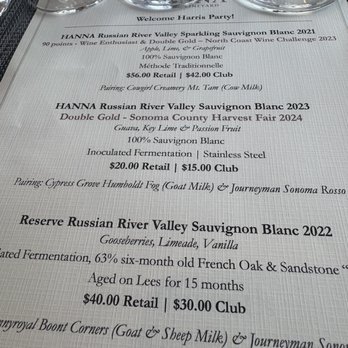 Hanna Winery - Our tasting menu prepared for us - Wineries Near Me - Healdsburg, California
