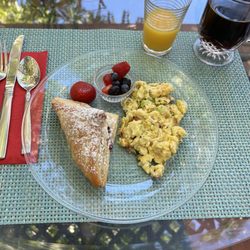 Bradford Place Inn & Gardens - Breakfast on Day 2: puff pastry with raspberry jam, scrambled eggs with bacon cheese and chives, berries. Orange juice and coffee