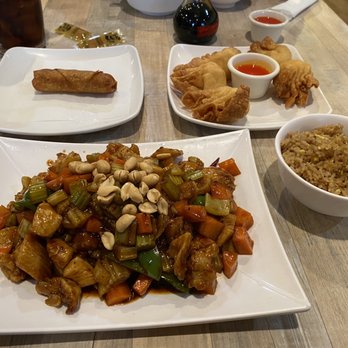 Hong Kong Cafe - Kung Pao Chicken, fried rice, chicken egg roll and crab rangoons. The rangoons are HUGE and you get 6 of them!! - Chinese Near Me - Baytown, Texas