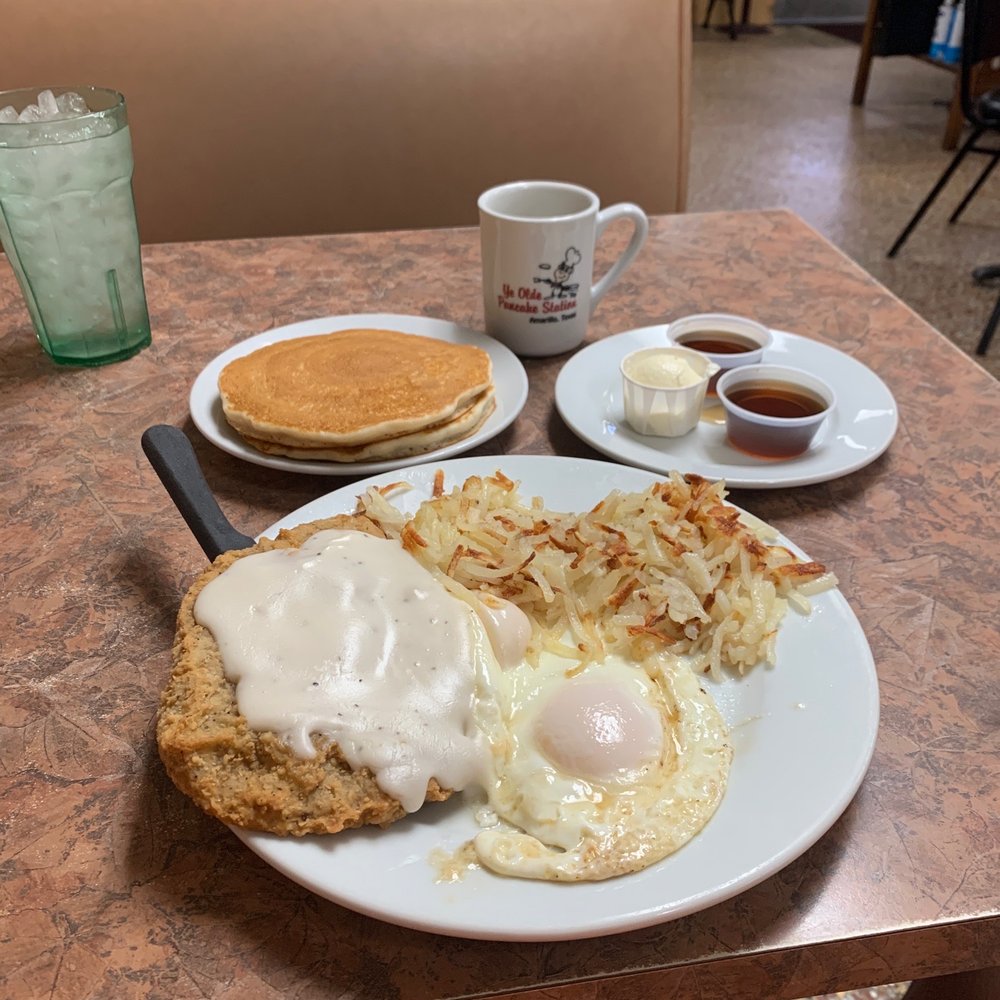 Ye Olde Pancake Station - Country Favorite: Chicken Fried Steak w cream gravy, pancakes, hashbrowns, 2 eggs basted medium. - Breakfast & Brunch Near Me - Amarillo, Texas Ye Olde Pancake Station - Country Favorite: Chicken Fried Steak w cream gravy, pancakes, hashbrowns, 2 eggs basted medium. - Breakfast & Brunch Near Me - Amarillo, Texas
