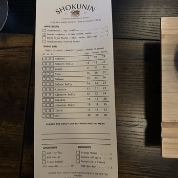 Shokunin - Menu - Japanese Near Me - Austin, Texas