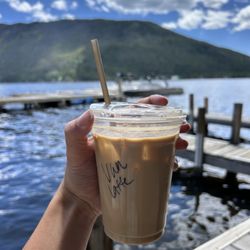 Coffee, vanilla latte, dock, mountains