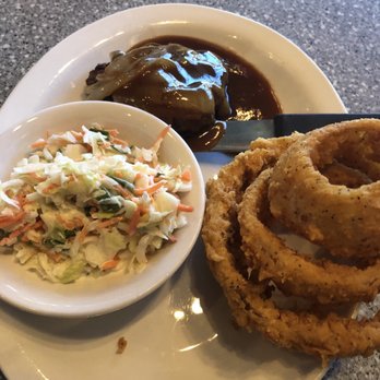 Mt. Pleasant Grille - Hamburger steak with coleslaw and huge onion rings. - American Near Me - Mount Pleasant, Tennessee