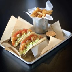 R Bar & Grill - Shrimp tacos with grilled or fried shrimp, lettuce, tomato and chipotle mayo.