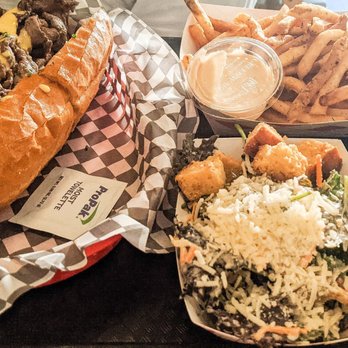 Lady Jaye - 21 day aged smoked Delmonico cheesesteak, fries, kale salad with garlic croutons and black eyed beans BBQ tips chili - American Near Me - Seattle, Washington Lady Jaye - 21 day aged smoked Delmonico cheesesteak, fries, kale salad with garlic croutons and black eyed beans BBQ tips chili - American Near Me - Seattle, Washington