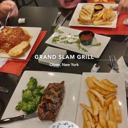 Grand Slam Grill - Perfect steak with mushrooms, spaghetti with meatballs, and patty melt