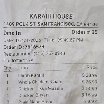 Karahi House - The price that tbey show you in the menue vs what they charge you at the register. - Pakistani Near Me - San Francisco, California Karahi House - The price that tbey show you in the menue vs what they charge you at the register. - Pakistani Near Me - San Francisco, California