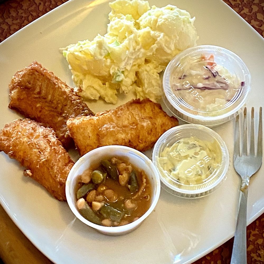 Earla's - Beer Battered Cod Loins with beans, slaw and awesome potato salad. - Cafes Near Me - Marenisco, Michigan