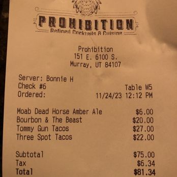 Prohibition - 81.34 + tip, a bit over 90 bucks for tacos a beer and a drink for lunch... - Cocktail Bars Near Me - Murray, Utah