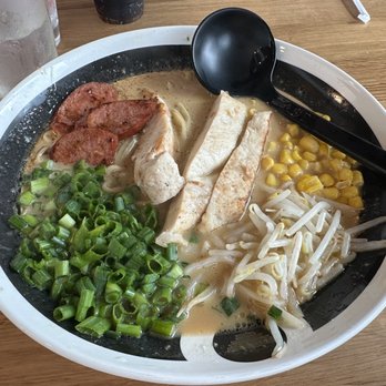 Silverlake Ramen - The Garlic Truffle Ramen no seaweed, no mushrooms add corn, sprouts, and pork sausage - Ramen Near Me - Long Beach, California Silverlake Ramen - The Garlic Truffle Ramen no seaweed, no mushrooms add corn, sprouts, and pork sausage - Ramen Near Me - Long Beach, California