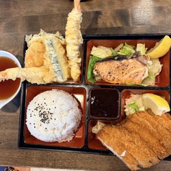 Akebono Japanese Cuisine - My bento box with tempura, salmon, pork katsu, rice.