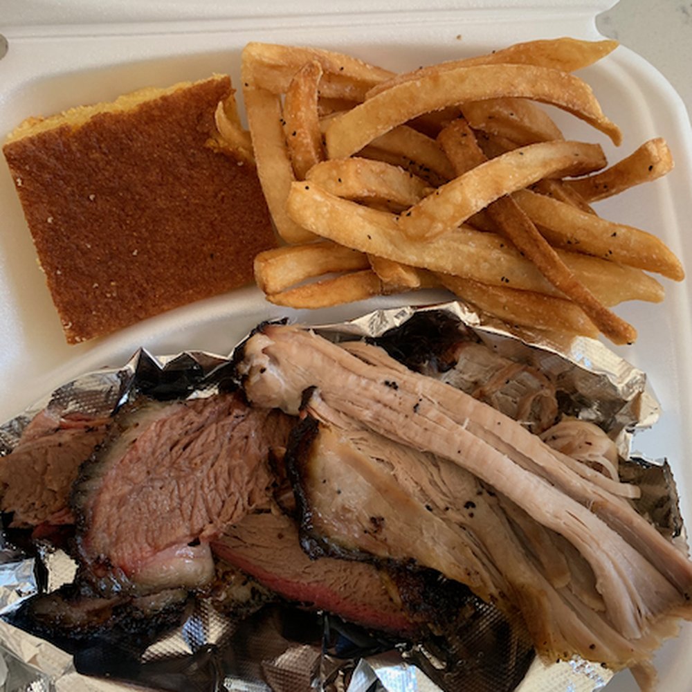 Long Shot BBQ - Brisket and Pulled Pork platter w/ Fries and cornbread. - Barbeque Near Me - Philadelphia, Pennsylvania Long Shot BBQ - Brisket and Pulled Pork platter w/ Fries and cornbread. - Barbeque Near Me - Philadelphia, Pennsylvania
