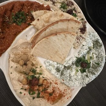 Ney Restaurant - Combo platter (red then clockwise): Turkish Style Spicy Baba Ghanoush, Baba Ghanoush, Tzatziki, Hummus - Mediterranean Near Me - La Mesa, California Ney Restaurant - Combo platter (red then clockwise): Turkish Style Spicy Baba Ghanoush, Baba Ghanoush, Tzatziki, Hummus - Mediterranean Near Me - La Mesa, California
