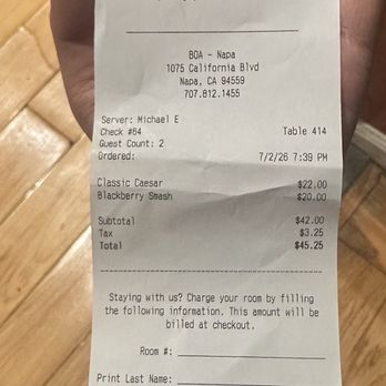 BOA Steakhouse - This paper receipt does not mention there is a platform service fee for using the QR Code - Bars Near Me - Napa, California BOA Steakhouse - This paper receipt does not mention there is a platform service fee for using the QR Code - Bars Near Me - Napa, California