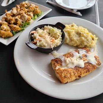 Red Fish Grill - Crab stuffed Mahi with coleslaw and mashed potatoes - Seafood Near Me - Morehead City, North Carolina Red Fish Grill - Crab stuffed Mahi with coleslaw and mashed potatoes - Seafood Near Me - Morehead City, North Carolina