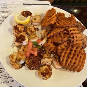 Whiteys Fish Camp - Grilled shrimp, sweet potato waffle fries and hush puppies. - Seafood Near Me - Fleming Island, Florida