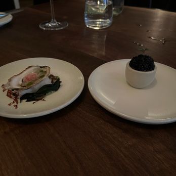 The Musket Room - On the left is Oyster with Rhubarb Mignonette. Right is Seaweed Caviar with Avocado & Shiso - New American Near Me - New York, New York The Musket Room - On the left is Oyster with Rhubarb Mignonette. Right is Seaweed Caviar with Avocado & Shiso - New American Near Me - New York, New York