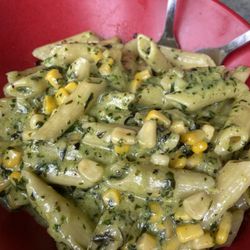Firecrust - Creamy pesto penne with corn