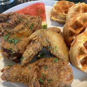 360 Brunch House - Hot fried chicken (bone in) and herb waffles, with tahini watermelon slice. - Breakfast & Brunch Near Me - Fort Worth, Texas 360 Brunch House - Hot fried chicken (bone in) and herb waffles, with tahini watermelon slice. - Breakfast & Brunch Near Me - Fort Worth, Texas