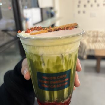 Yolo’s Cafe - Strawberry Matcha topped with matcha cold foam (Matcha sprinkled and bits of goji berries) - Bubble Tea Near Me - Bellflower, California Yolo’s Cafe - Strawberry Matcha topped with matcha cold foam (Matcha sprinkled and bits of goji berries) - Bubble Tea Near Me - Bellflower, California