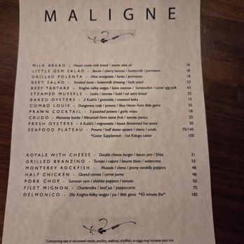Maligne - Menu Sept 2026 - New American Near Me - Seaside, California Maligne - Menu Sept 2026 - New American Near Me - Seaside, California