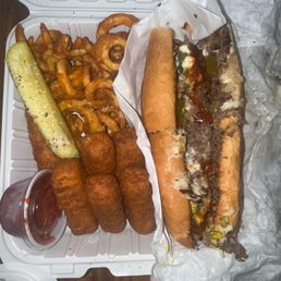 Philly Cheesesteak Mozzarella Cheese Sticks Curly Fries add jalapeños and sriracha Philly Cheesesteak Mozzarella Cheese Sticks Curly Fries add jalapeños and sriracha