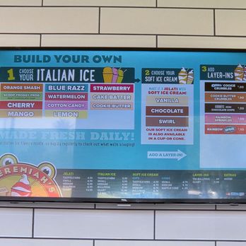 Jeremiah's Italian Ice - Build Your Own menu (and prices for just Italian Ice too) - Ice Cream & Frozen Yogurt Near Me - Henderson, Nevada Jeremiah's Italian Ice - Build Your Own menu (and prices for just Italian Ice too) - Ice Cream & Frozen Yogurt Near Me - Henderson, Nevada