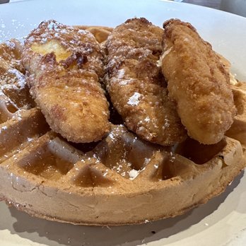 Nappi’s Nook - Chicken Dance: chicken and waffles with sausage gravy on the side. Looks like that chicken breast is chicken tenders. Hmm... - Breakfast & Brunch Near Me - Nesconset, New York