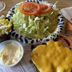 Earthwood Inn - My cheeseburger. I asked for no bun so the picture looks a little weird. Got a cute Bobs Burgers plate.