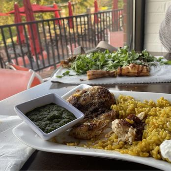 Tapa Rio - Mushroom pizza topped with arugula. Mediterranean chicken with rice, yummy - Tapas/Small Plates Near Me - Fredericksburg, Virginia Tapa Rio - Mushroom pizza topped with arugula. Mediterranean chicken with rice, yummy - Tapas/Small Plates Near Me - Fredericksburg, Virginia