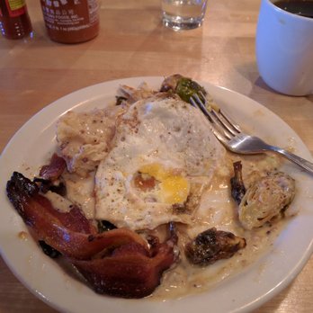 Same Day Cafe - A look at the 'over easy' egg they delivered...  Ah!  And a burned greasy brussel sprout pops it's ugly head up... - Desserts Near Me - Chicago, Illinois